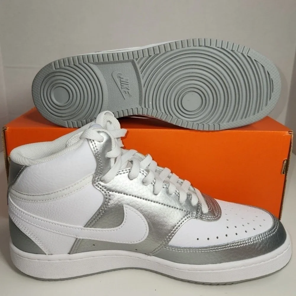 Nike Court Vision Mid White Metallic Silver Athletic Shoes Women's Size 10 NWOB